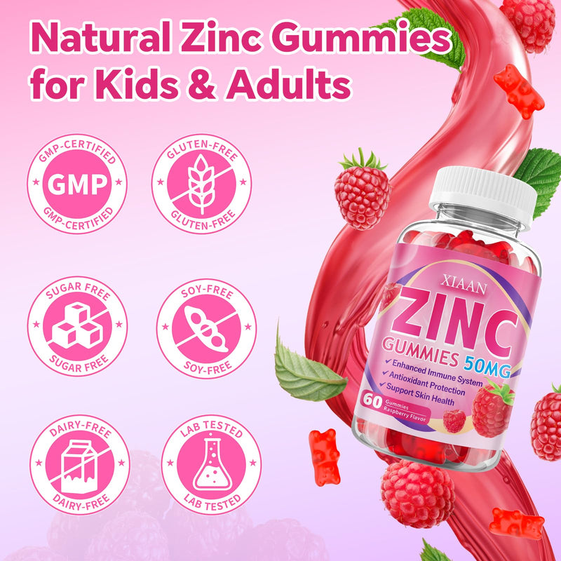 Zinc Picolinate Gummies 50mg for Kids & Adults, Chewable Zinc Supplements for Women & Men Supports Immune System & Cellular Health & Antioxidant, Vegan/Sugar-Free, Raspberry Flavor 60 Count 60 Count (Pack of 1)