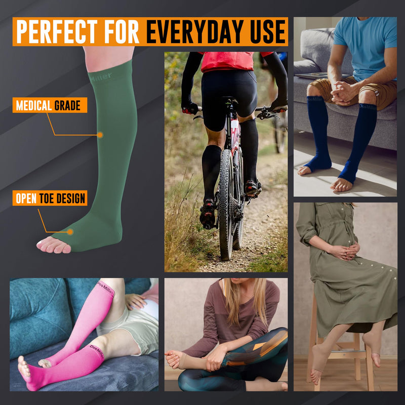 Doc Miller Open Toe Compression Socks, 15-20 mmHg, Toeless Compression Socks Women and Men for Maternity, Shin Splints & Calf Recovery, 1 Pair Dark Green Knee High X-Large Tall - BeesActive Australia