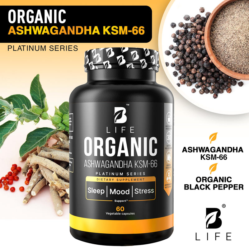 Organic Ashwagandha KSM-66 1000 mg Supplement | Adaptogen for Cortisol Support & Stress Relief | Mood, Calm & Sleep Aid for Men & Women | Ashwagandha ritual vitamins for women | 60 Vegan Caps 60 Count (Pack of 1)