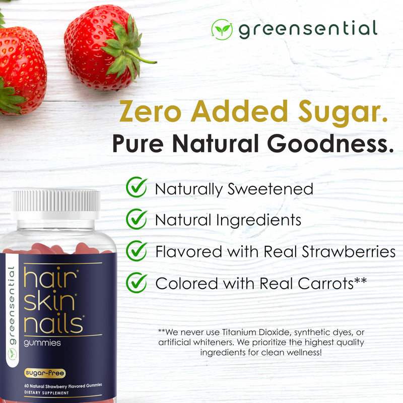 Greensential Hair, Skin & Nails Gummies - Complete Vitamin Complex with Natural Ingredients - Fuller Hair Support - No Artificial Colors, Natural Strawberry Flavor, Made in USA, 60 Ct