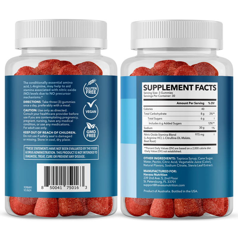 L-Arginine with L-Citrulline and Beet Root Gummies, Sour Berry, 30 Servings | Vegan, Non-GMO Nitric Oxide Supplement for Energy, Endurance, and Recovery Support, Energizing Sour Berry Flavor