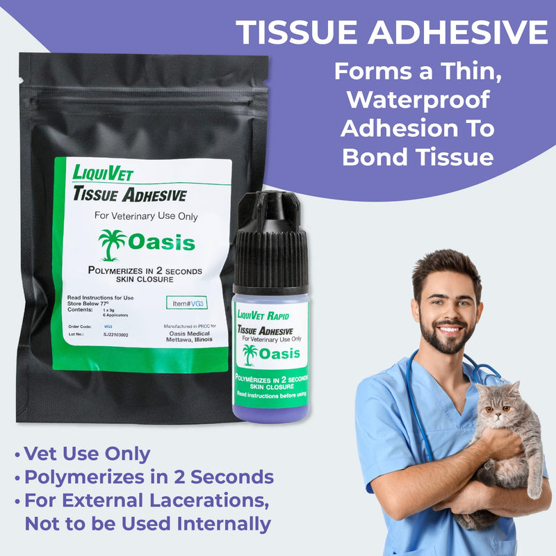 Liquivet Rapid 2 Second Tissue Adhesive, Vet Skin Glue, Tissue Wound Cut Skin Closure, 3mL Bottle and 6 Applicators