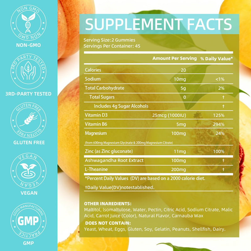 90 Ct Magnesium Glycinate Gummies for Adults Sugar Free | With Glycinate & Malate, L-Theanine, Ashwagandha, Zinc, Vitamin B6 & D3, Supports Relaxation & Sleep Peach Flavor 90 Count (Pack of 1)