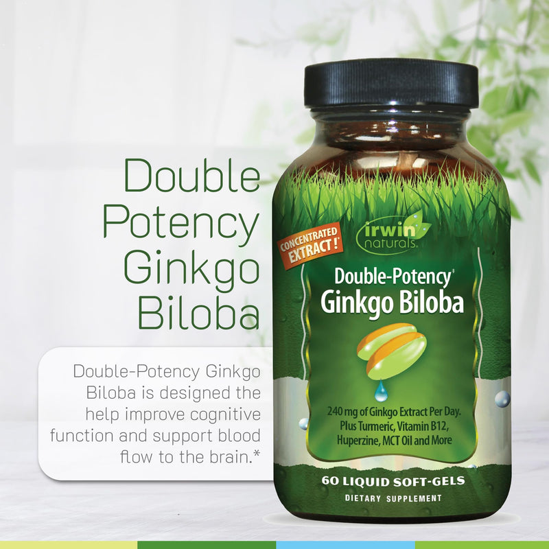 Irwin Naturals Double-Potency Ginkgo Biloba Extra Strength (2 Pack) | 240mg Ginkgo Biloba | Brain Circulation & Memory Support | Plus MCT Oil & Vitamin B12 | 2 X 60 Liquid Soft-Gels 60 Count (Pack of 2)