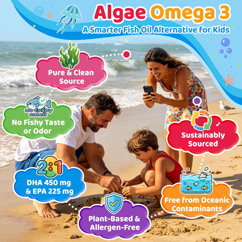 Kids Omega 3 Gummies + Calcium 400mg + Vitamin D3 & K2, C Omega-3 DHA & EPA | No Fish Burps, No Sugar, Kids & Teens Omega 3 Supplement + Multivitamin for Strong Bones, Brain & Immune, Eye Support, 60 Cts 60 Count (Pack of 1)