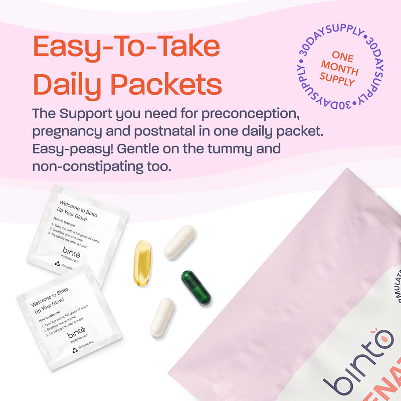 Binto Prenatal Kit - 4-in-1 Supplements for Healthy Mom & Baby - 30 Day Supply - Multivitamin, Probiotics, Iron, DHA, Methylated Folate & Folic Acid - Non-GMO, Gluten-Free, Vegetarian