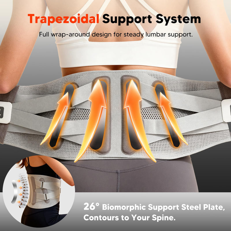 arboleaf Heated Lumbar Brace Back Support Belt with Heat Pad & Dual Support for Lower Back Pain - Adjustable for Men, Women, Work & Home Use Size L (Waist 32"-36") Grey Large - BeesActive Australia