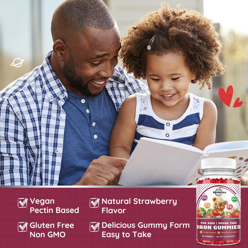 Iron Supplement Gummies for Kids - with Calcium, Zinc, Kids Multivitamin with Iron Gummies - Immune Support, Blood Builder & Energy Support for Iron Deficiency - 2 Pack Strawberry Flavour, 60 Gummies 60 Count (Pack of 2)