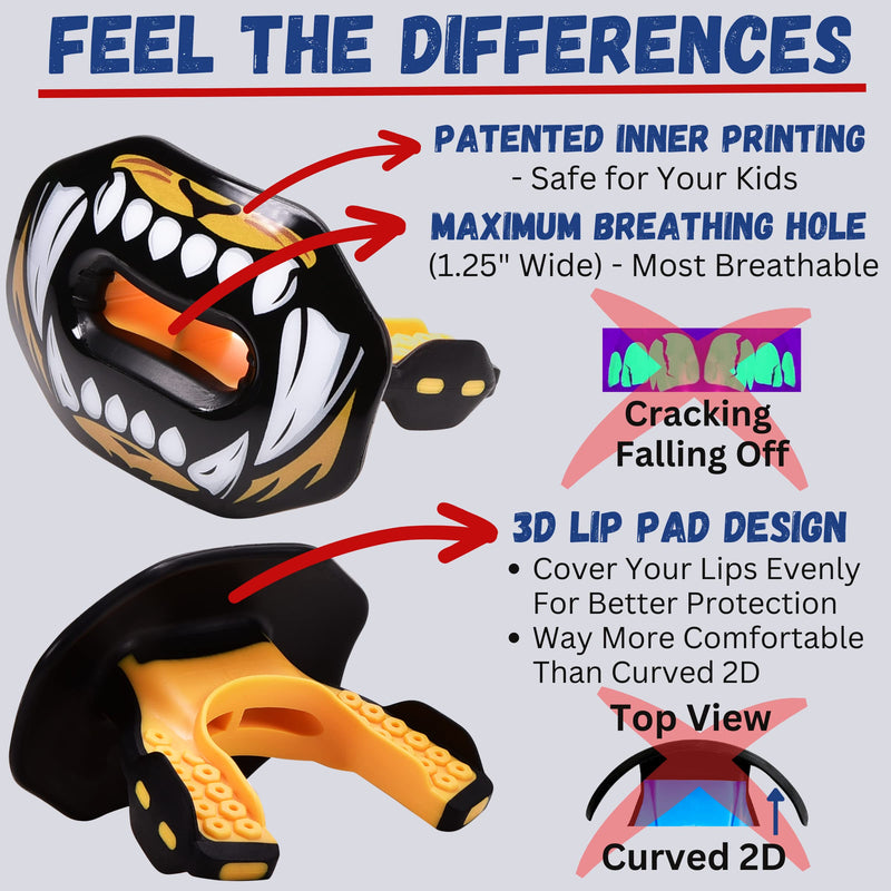 Oral Mart Flag Football Mouth Guard with 3D LipFit Design for Kids - Youth Tackle Football Mouthguard (No Boil) Cool Instant Fit Lip Guard Mouthpiece for Braces (Detachable Helmet Strap Included) Youth / Adult (Age 8 & Up) Tiger Bite
