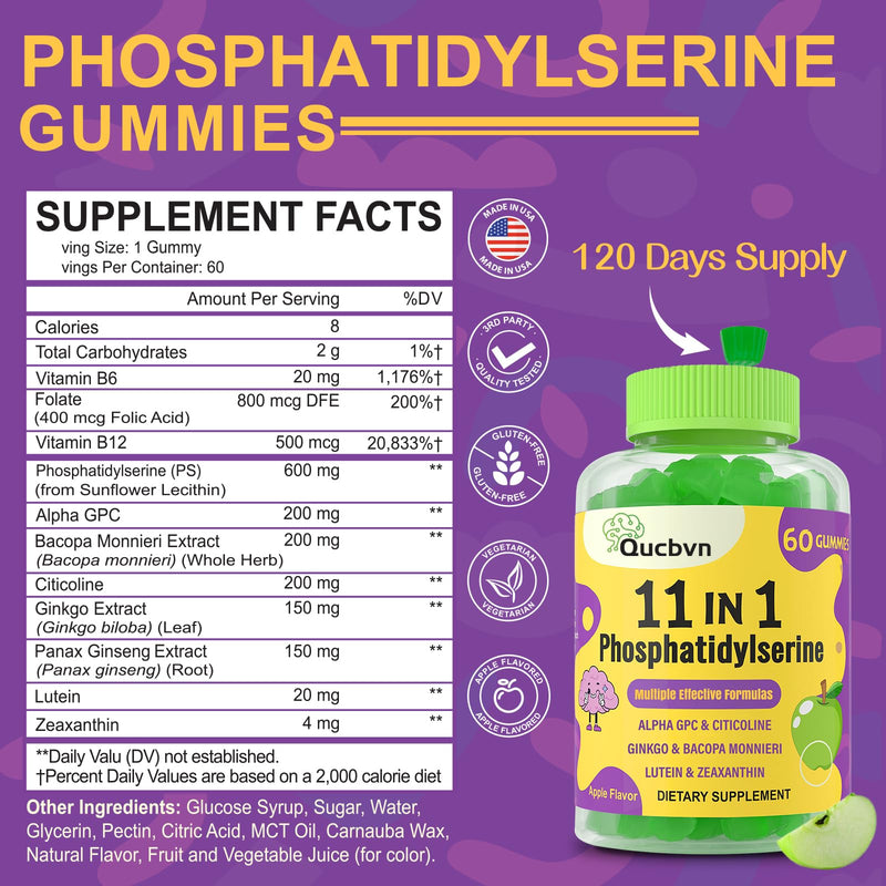 Phosphatidylserine, Phosphatidylserine Supplement, 600mg - 4 Month Supply | Memory Supplement for Brain, Concentration, phosphatidylserine gummies, with Alpha GPC, B6 & B12 for Cognitive, 120 Gummies