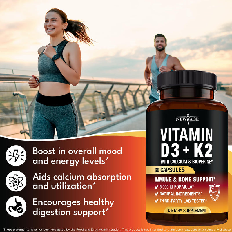 NEW AGE Vitamin D3 5,000 IU + K2 MK-7 100 mcg - 2-in-1 Bone, Immune & Heart Support, Easy to Swallow, Non-GMO - 180 Capsules 60 Count (Pack of 3)