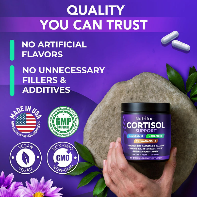 Cortisol Reducer for Men & Women with Ashwagandha & Magnesium, Vegan | Cortisol Supplements for Women & Men - With Rhodiola, Holy Basil and B Vitamins; Non-GMO, Made in USA - 60 Capsules