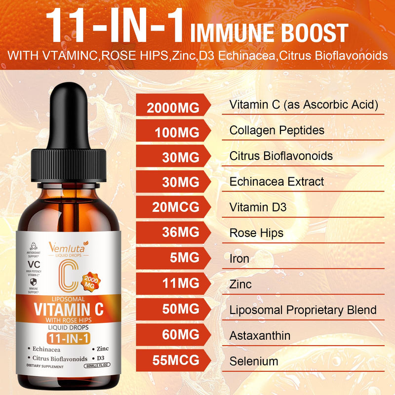 1 Packs Liposomal Vitamin C 2000mg Liquid Drop, High Absorption VC Complex Rose Hips with Echinacea, Citrus Bioflavonoids, Zinc, Vitamin D3 for Immune System & Antioxidant,2 FL Oz 2 Fl Oz (Pack of 1)