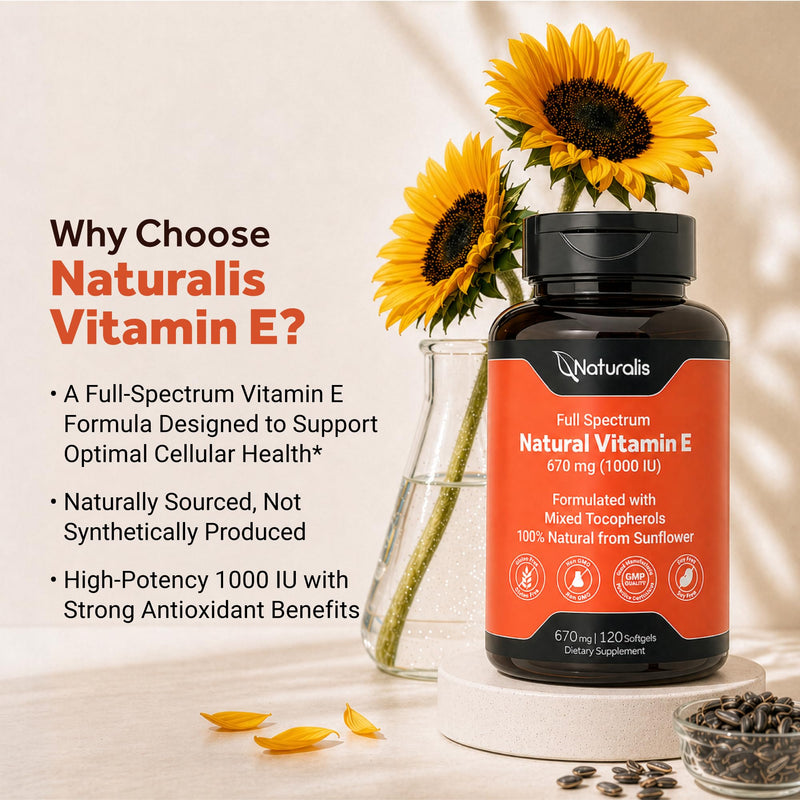 Naturalis Sunflower Vitamin E 670mg (1000 IU) with Mixed Tocopherols | Essential Skin Vitamin & Immune Support | Non-GMO, Soy & Gluten Free | 120 Softgels 1000 IU 120 Count (Pack of 1)