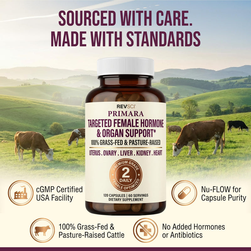 Beef Organ Supplement for Women (120 Capsules) Grass Fed Beef Organs with Liver, Ovary, Uterus, Kidney, Heart - Hormone Balance, Cycle Support, Queen Energy - Primal Womens Superfood Vitality Complex Female Organ Complex (120 Caps)