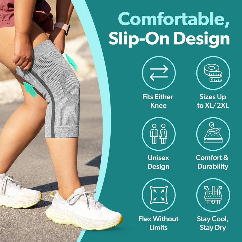 BraceAbility Knee Compression Sleeve - Knit Knee Pain Brace for Men or Women, Arthritis Relief, Meniscus Tear, Running, Workout, Sports, Swelling, Athletic Support for Joint Stability (XL/2XL Gray) XL/2XL - BeesActive Australia