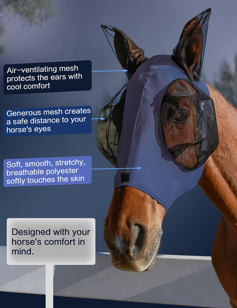 Horse Fly Mask with Ears, UV Protection Fly Mask for Horses, Elasticity Fly Mask with Big Mesh Eye Covers, Snug Fitting Comfortable Breathable Lightweight Fly Mask Horse Navy Cob Medium - BeesActive Australia