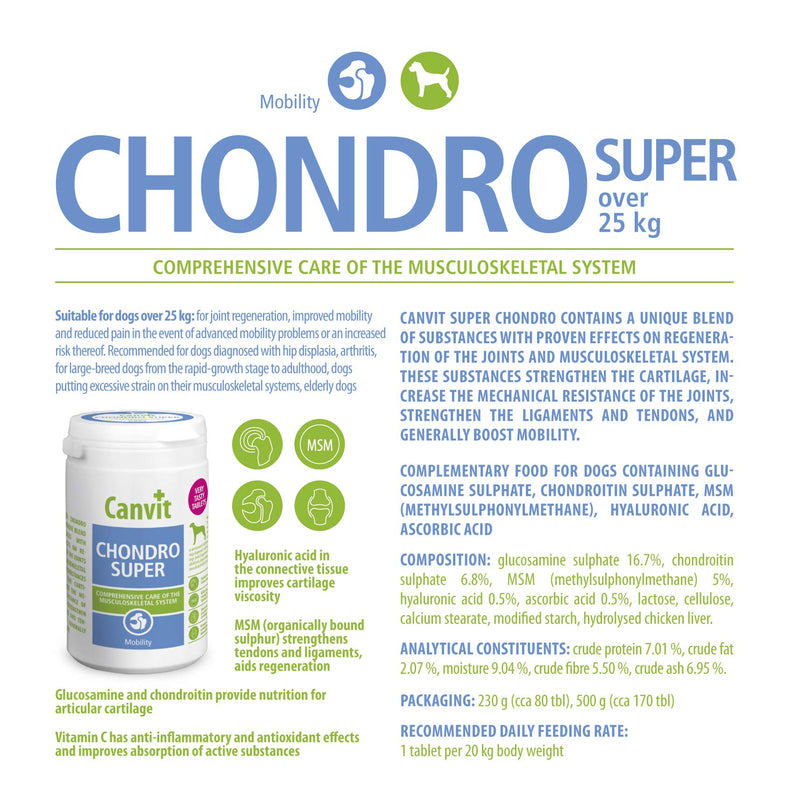 Canvit Chondro Super Glucosamine Hip And Joint Regeneration Supplement For Stiff Young Or Older Large Dogs in Pain With Hip Dysplasia, Arthritis, For Dogs Over 20 Kg (Chondro Super, 76 Tablets)