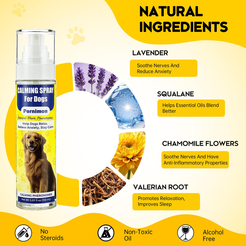 Calming Spray for Dogs 150ml, Pheromones Pet Dog Calming Spray to Help Reduce Anxiety And Stress, 100% Herbal Calming Spray, Adapt For Dogs Stay Calmer, Indoor and Travel Use
