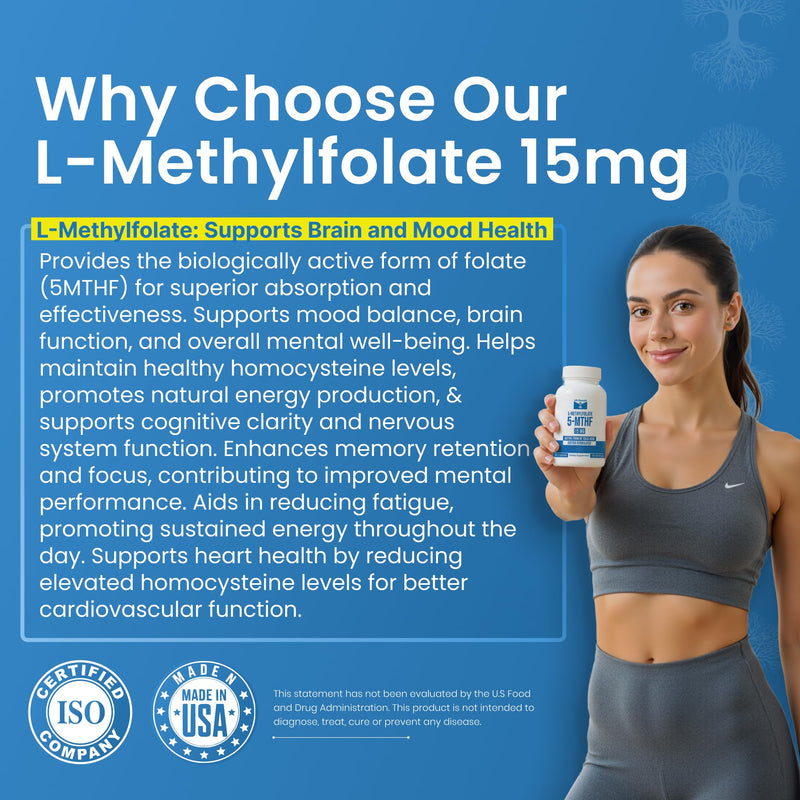 L-Methylfolate 15mg | 90 Capsules | Optimized & Highly Bioactive Methyl Folate Supplement | 5-MTHF Supports for Energy, Focus & Mood | Non-GMO, Gluten Free, Vegan | 3 Month Supply 15 mg
