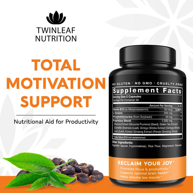 Dopamine Brain Support Supplement - DMAE, Vitamin B12 & L-Tyrosine, 60 caps | Supports Focus, Memory & Mental Clarity - 1000mg Blend with Mucuna Pruriens, Ginkgo Biloba, Green Tea, Ginseng White
