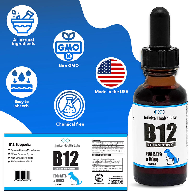 Liquid Vitamin B-12 for Dogs and Cats - Vet Formulated - Effective for All Animals Methylcobalamin (Methyl B12) - Energy, Appetite and Mood - Made in USA - PawsPlanet Australia