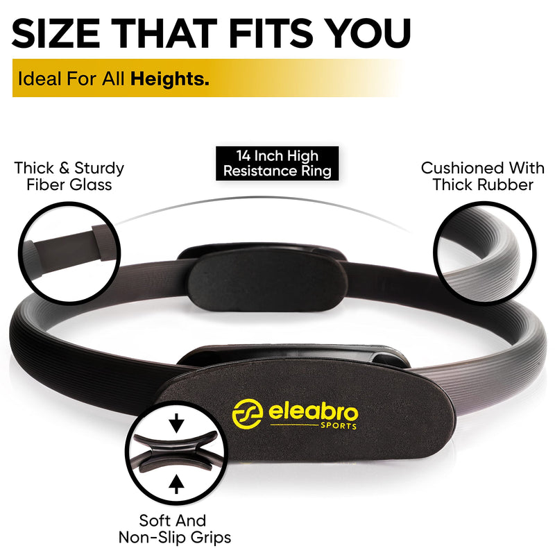 Eleabro Sports 14 inch Pilates Ring Circle - Magic Circle -with A1 Size Workout Poster, Inner Thigh Exercise Ring, Ideal for All Heights-Yoga Ring Fitness Ring with Soft Handles Black 14''