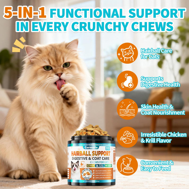 Cat Vitamins & Hairball Support, 2 x 500 Crunchy & Creamy Chews, Cat Multivitamin & Hairball Remedy Treats for Digestion, Skin Coat, Gut Health & Daily Wellness, Chicken & Krill Flavor