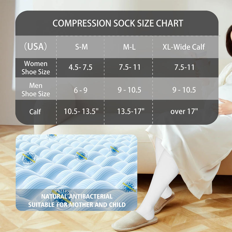 LEVSOX Cotton Compression Socks for Women&Men 20-30mmHg Knee High Cute Support Sock for Nurses Pregnancy Travel 2 Pairs-white Small-Medium