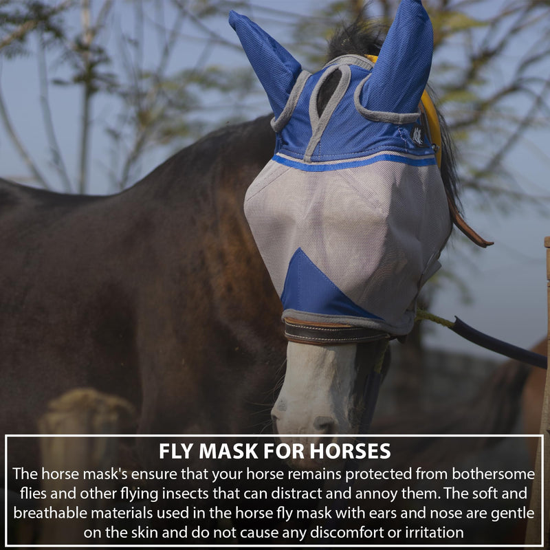 RS Premium Horse Fly Mask with Ears | Smoothly protect Face and Ears from UV & from Insects | Made with durable elasticable lattice | Sweat Absorber | Comfortable & Relaxable | size: Medium & Large Blue - BeesActive Australia