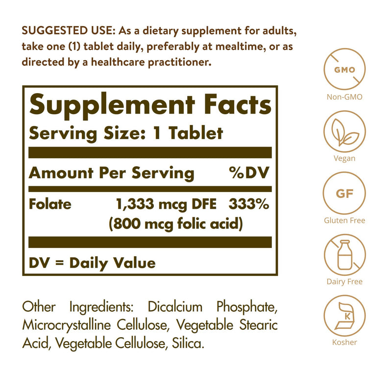 Solgar Folate 1,333 MCG Dietary Folate Equivalent, 250 Tablets | (800 MCG Folic Acid), Heart Health, Healthy Nervous System, Prenatal Support - Non-GMO, Vegan, Gluten Free, Dairy Free 250 Count (Pack of 1)