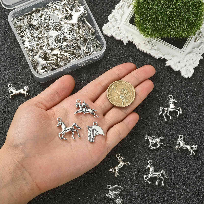 LiQunSweet 100 Pcs 10 Styles Aniaml Equestrian Horsemanship Racing Horse Charms for Jewelry Making Bracelet Necklace Earrings DIY Craft Horse Charm_10 Styles - BeesActive Australia
