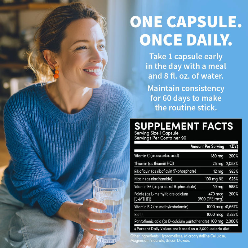 9-in-1 Vitamin B Complex - Methylated Multivitamin with B12 Methylcobalamin, Methylfolate, L-5-MTHF & Vitamin C - Methylated B Complex for Women & Men - Non-GMO, Gluten-Free, & Vegan (180 Servings) 90 Count (Pack of 2)