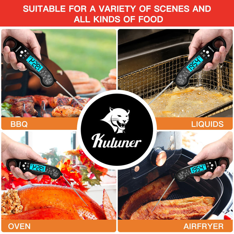 KULUNER TP-01 Waterproof Digital Instant Read Meat Thermometer with 4.6 Folding Probe Backlight Calibration Function for Cooking Food Candy, BBQ Grill, Liquids,Beef(Black) Black - BeesActive Australia