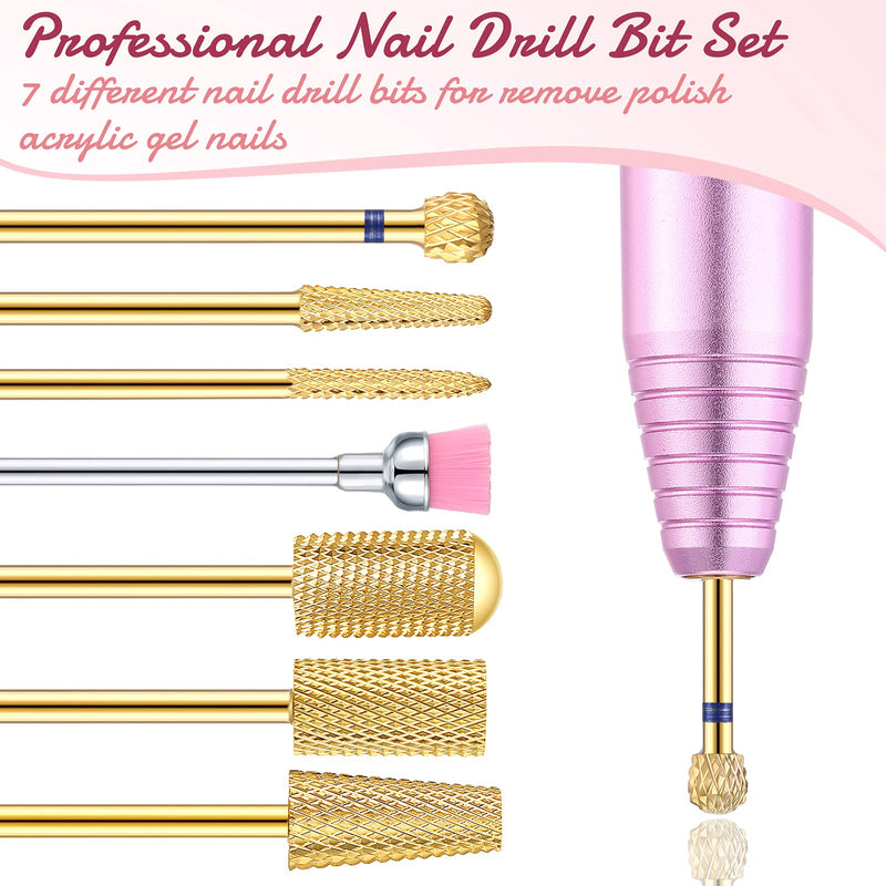 Hestya 7 Pieces Nail Drill Bits Set Tungsten Carbide Drill Bits for Nails Electric File 3/32 Inch Diamond Manicure Pedicure Cuticle Remover Tools for Acrylic Gel fingernail Salon(Gold) Gold - BeesActive Australia