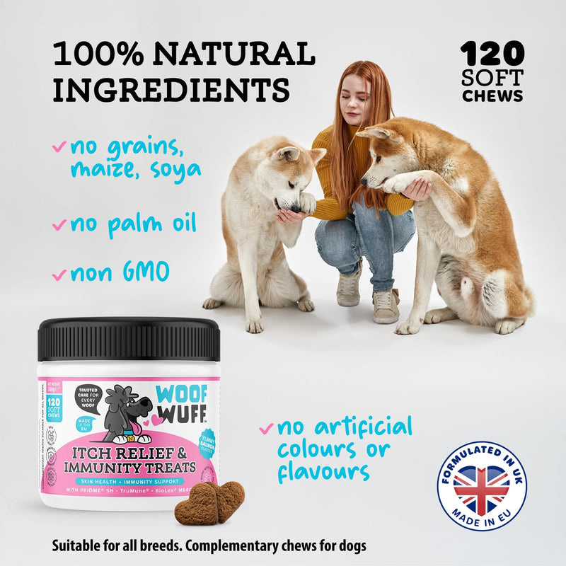WOOFWUFF Itch Relief & Immunity Treats for Dogs – Soothe Itchy Skin, Paws, Ears & Seasonal Itching – Stop Itching Licking & Scratching – with Omega-3, Salmon & Krill Oil, Pre & Postbiotics, 120 Count