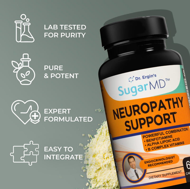 SugarMD Neuropathy Support Supplement – 60 Nerve Capsules with Alpha Lipoic Acid, Benfotiamine & Vitamin D3 B6 B12 - Nerve Support for Feet, Hands, Fingers & Legs - 30 Day Supply