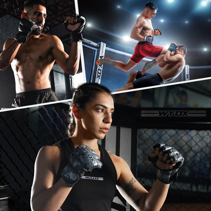 WYOX MMA Gloves for Men & Women – Grappling & Sparring Boxing Gloves with Open Palm Design, Padded Fingerless Training Gloves for Kickboxing, Muay Thai L / XL (21-27 cm) Grey Camo
