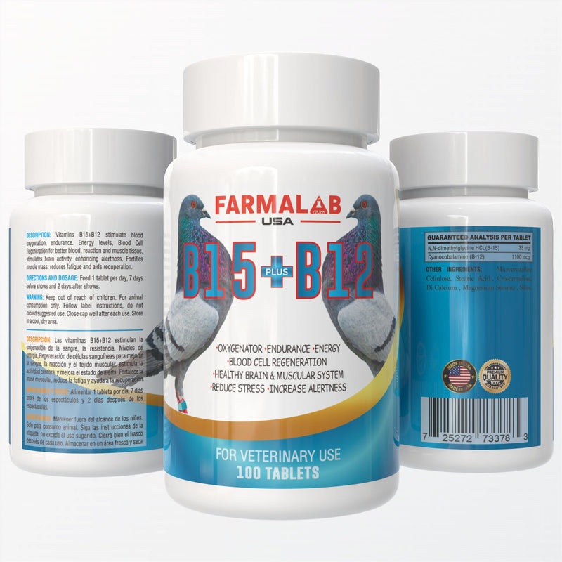 B15 B12 para Palomas Pigeon Vitamin Supplement, 100 Tablets, Energy and Endurance Formula Farmalab