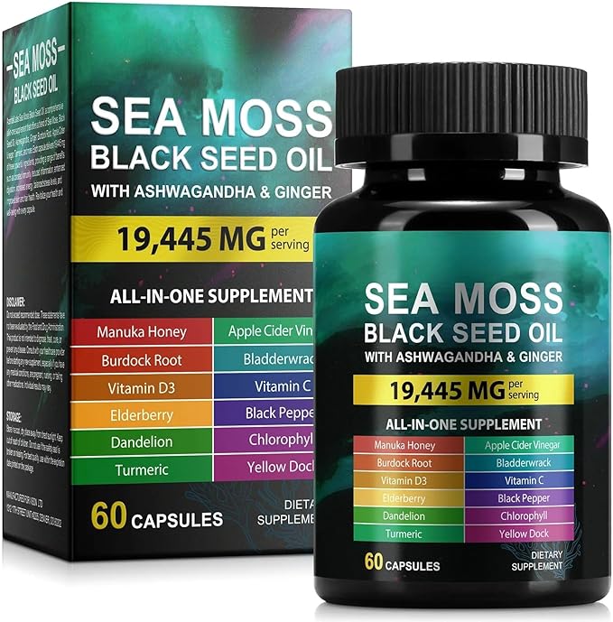 Sea Moss 7000mg Black Seed Oil 4000mg Ashwagandha 2000mg Turmeric 2000mg Bladderwrack 2000mg Burdock 2000mg & Ginger Vitamin C Vitamin D3 with Elderberry Manuka Dandelion Yellow Dock Chlorophyll ACV 60 Count (Pack of 1) - BeesActive Australia