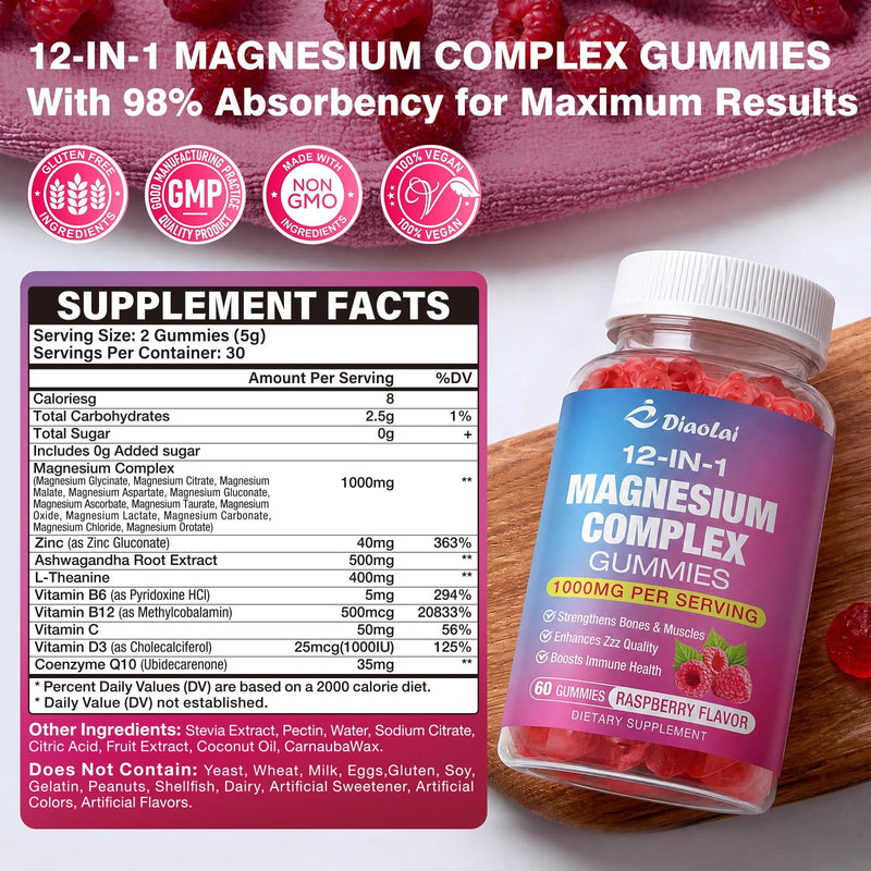 2 Pack Magnesium Complex Gummies with Citrate, Glycinate, Malate, Oxide – Plus Vitamin D3, B6, C, Ashwagandha & CoQ10 – Raspberry Flavor, 120 Count for Women & Men