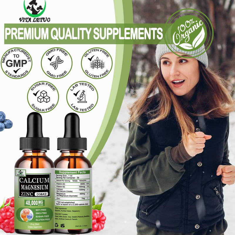 Calcium Magnesium Zinc Drops, 1200mg Calcium with Vitamin D3 K2 Magnesium for Bone,Teeth,Colon,Cardiovascular Health, High Absorption Liquid Calcium Supplement, Gluten Free,Non GMO