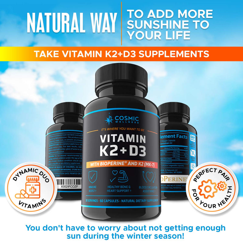 K2 D3 Vitamin Supplement 5000 Iu - for Healthier Bones, Blood, Heart, and Better Immunity - Enhanced Calcium Absorption with Bioperine - 100% Natural and Allergen-Free - Vitamin D3 K2 Mk7 5000 Iu
