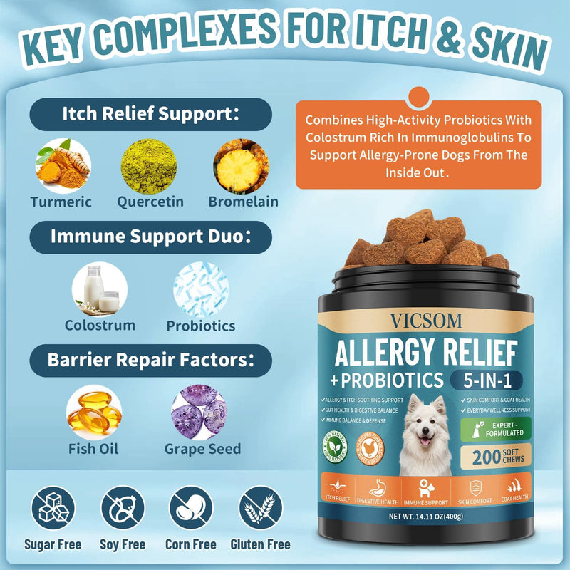 Advanced Dog Allergy Relief Bundle – Probiotic Allergy Chews (200) + Omega 3 Anti-Itch Chews (200), Dog Allergy Relief for Itchy Skin, Ears, Paws, Gut & Immune Support, Chicken Flavor