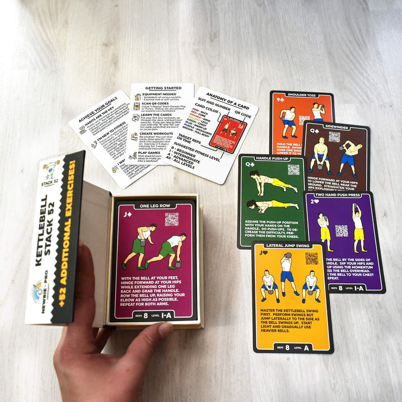 Stack 52 Kettlebell Exercise Cards. Workout Playing Card Game. Video Instructions Included. Learn Kettle Bell Moves and Conditioning Drills. Home Fitness Training Program. (2019 Mega Pack) 2019 Mega Pack