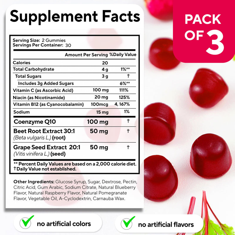 Beet Root Gummies – Beetroot Gummies with CoQ10, Grape Seed, Vitamin C, B12 & B3 – Beets Gummies for Circulation, Energy & Immune Support – 60 Beets Chews – Pack of 3 180 Count (Pack of 1)