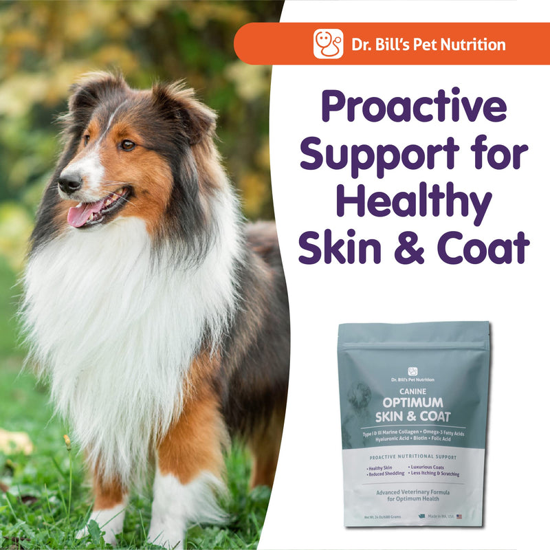 Dr. Bill’s Canine Optimum Skin & Coat (680g) – Fish Oil Omega-3 Fatty Acids Dog Supplement with Biotin, Type I & III Marine Collagen, Hyaluronic Acid & Folic Acid Canine Skin & Coat (680g) - PawsPlanet Australia