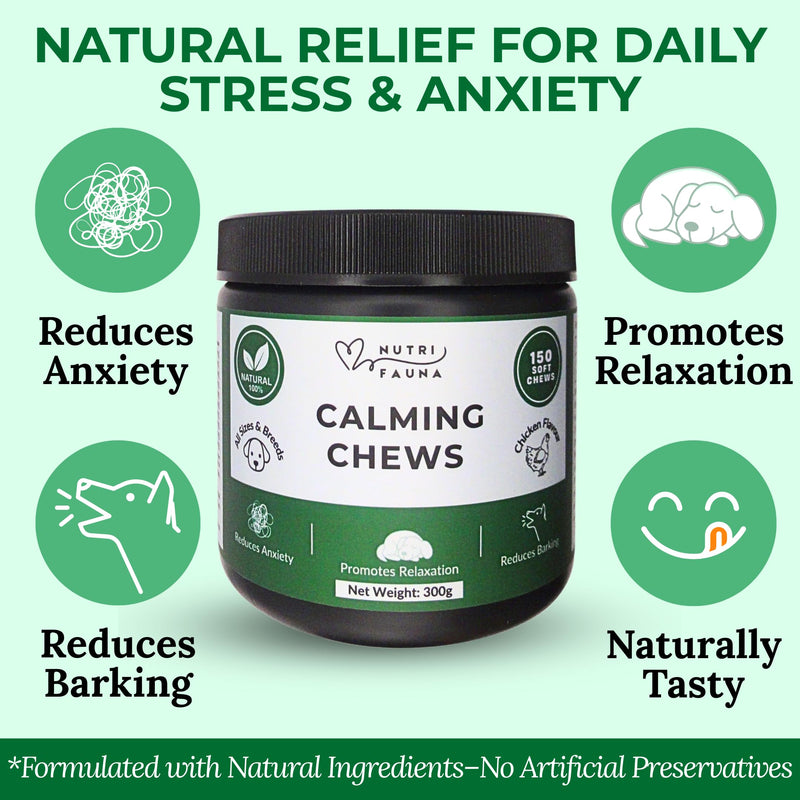 Nutri Fauna Calming Chews for Dogs – 150 Natural Soft Chews – Calming Dog Treats - Dog Anxiety Relief – Tasty Chicken Flavor – Relaxation for All Breeds – 300g