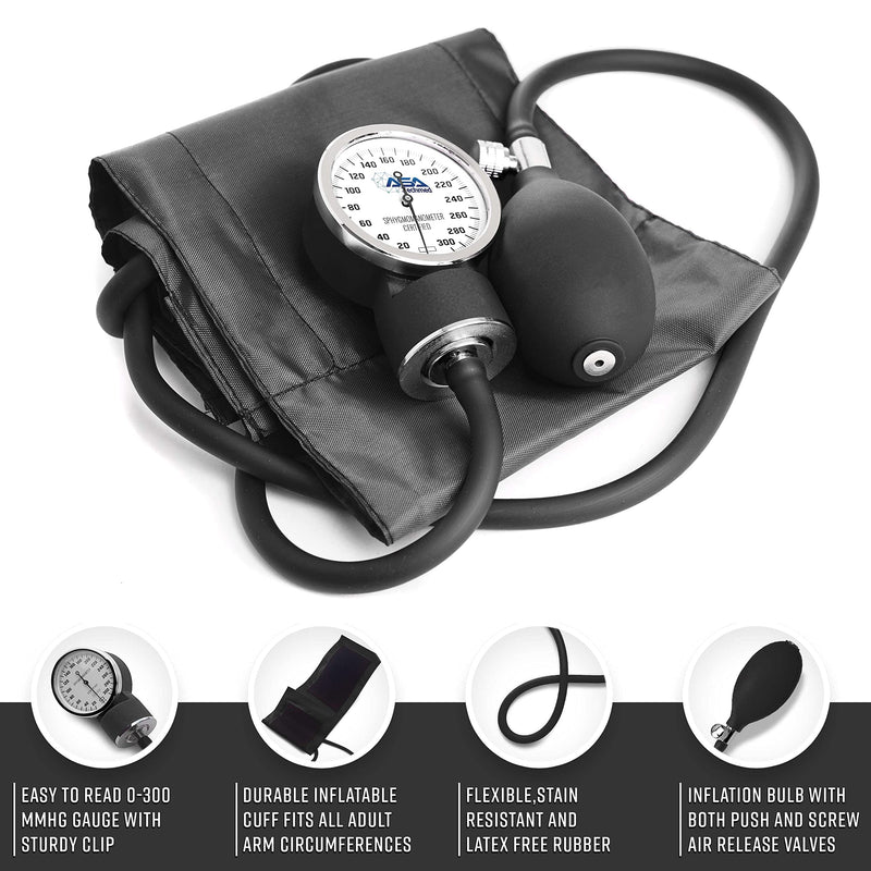 ASA TECHMED Nurse Essentials Professional Kit with Handheld Travel Case | 3 Part Kit Includes Adult Aneroid Sphygmomanometer Blood Pressure Monitor, Stethoscope, Diagnostic Otoscope (Black) Black - BeesActive Australia