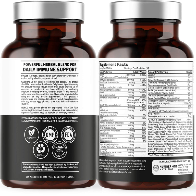 N1N Premium Plant Based Multivitamin [42 Powerful Ingredients] Men & Women Daily Multivitamins with Raw Veggies and Fruits, Probiotics, Alfalfa, Echinacea, Spirulina and Digestive Enzymes, 90 Tablets